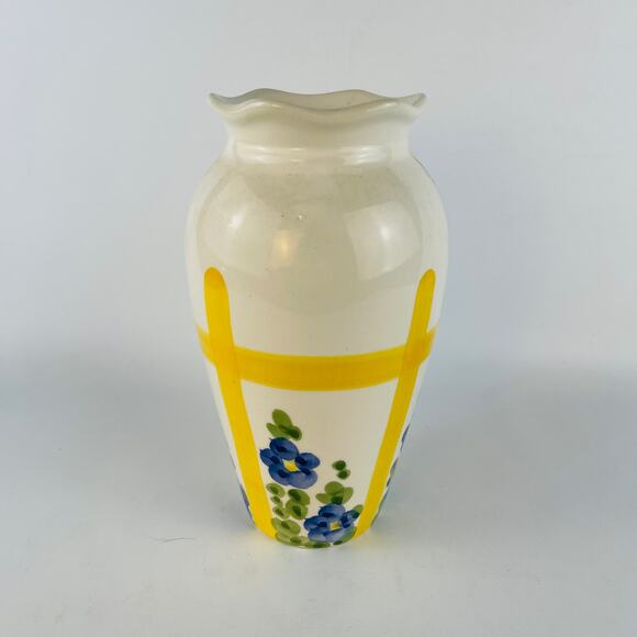 Vintage Loucarte Yellow Stripe floral vase from Portugal (chipped rim) 7.5” - Picture 1 of 6